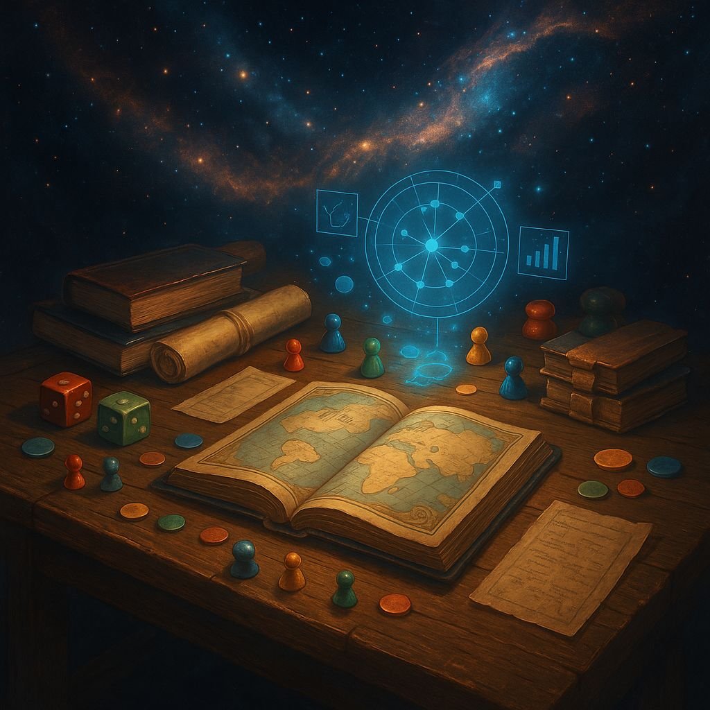 Gamification and Serious Games at Aetherborne Creations showcases infinite possibility before a map of the world, tomes, and game pieces.