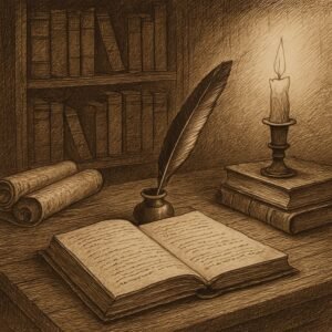 An open tome, with quil and inkwell, candle and scroll mark the desk of the Founder of Aetherborne Creations.