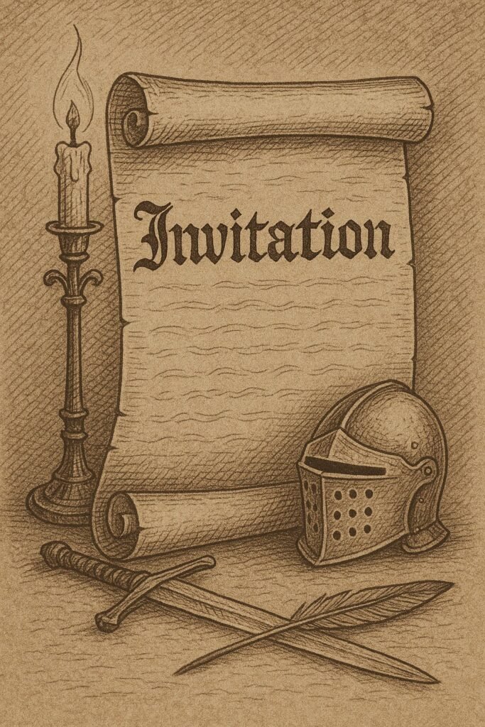 A scroll on a medieval backdrop with an invitation to collaborate.