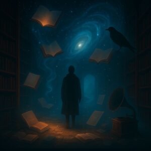 The launch of the Sojourner of Worlds project with the Raven, amidst curious volumes of lore and unfettered possibility.