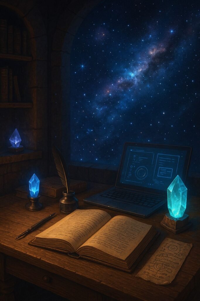 The Memoirs of Aetherborne Creations: A tome and digital notebook stand before the stars with quil and crystal adorning the workdesk.