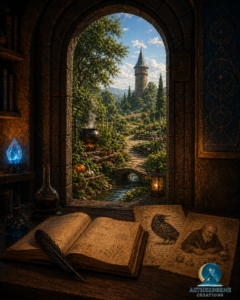 Aetherborne Creations digital storytelling artwork featuring The Raven and The Alchemist, with manuscript pages before a threshold to new worlds ahead.