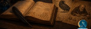 Aetherborne Creations digital storytelling artwork featuring The Raven and The Alchemist, with manuscript pages before a threshold to new worlds ahead.